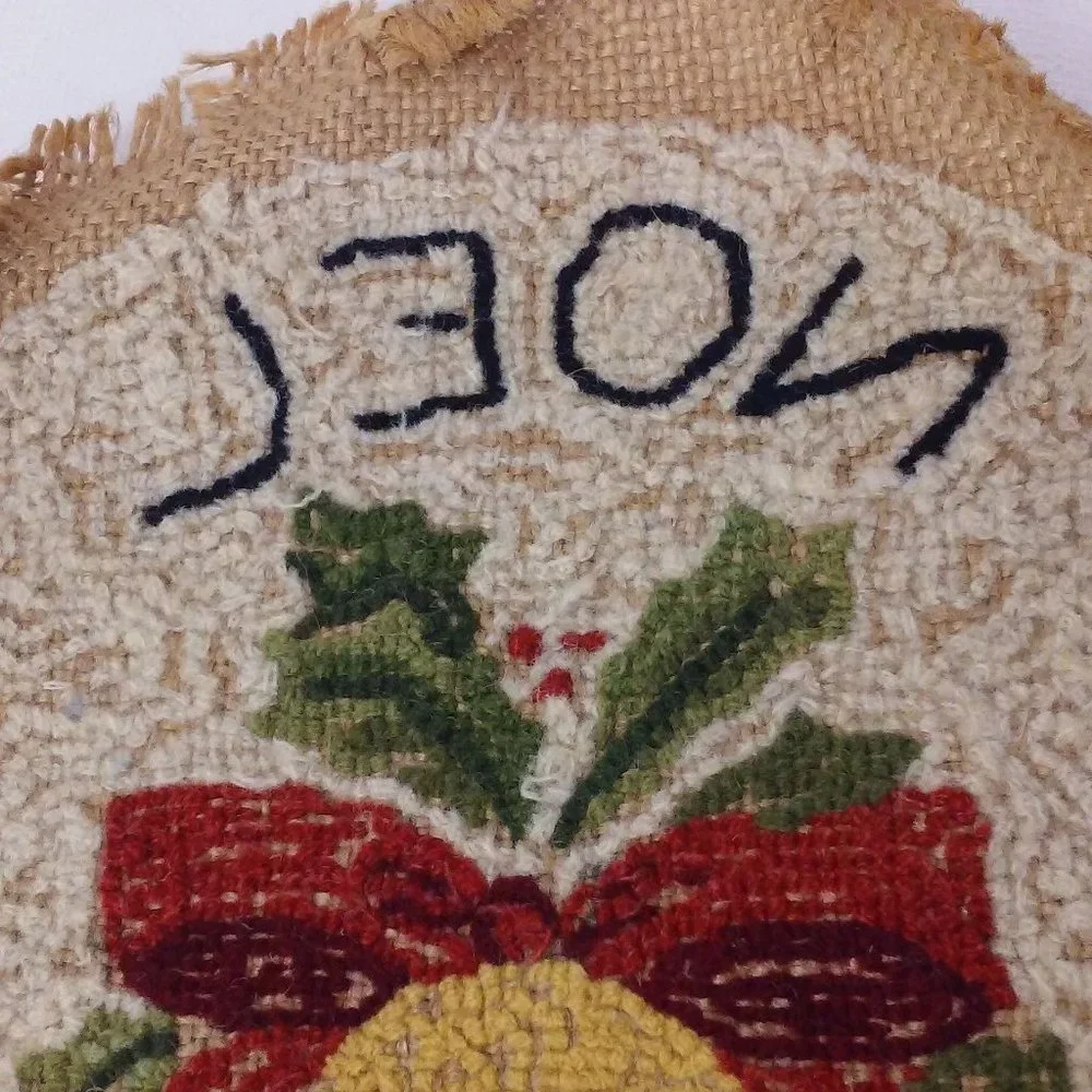 Vintage 80s Handmade Tapestry Needlework Christmas Decor NOEL Bell Needs Blocked